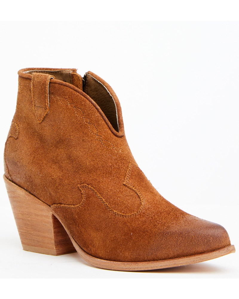 Shyanne Women's Jodi Suede Leather Booties - Round Toe | Cognac