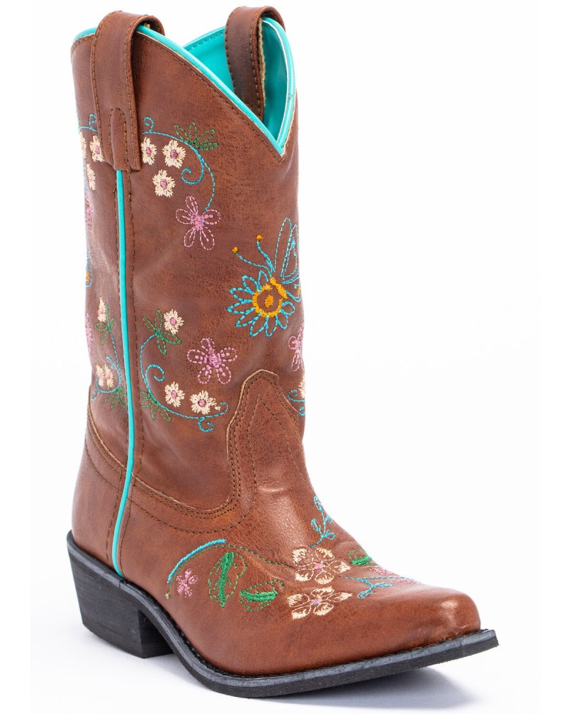 Shyanne Girls' Floral Embroidery Western Boots - Snip Toe | Brown