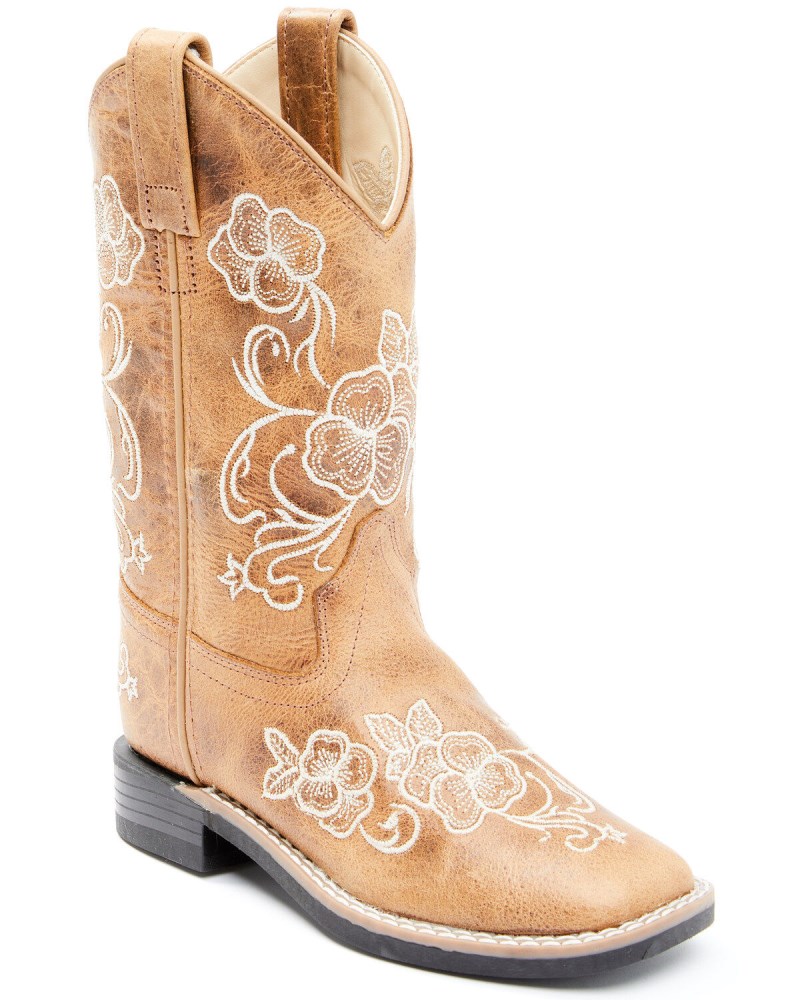 Shyanne Girls' Little Lasy Floral Embroidered Western Boots - Broad Square Toe | Tan