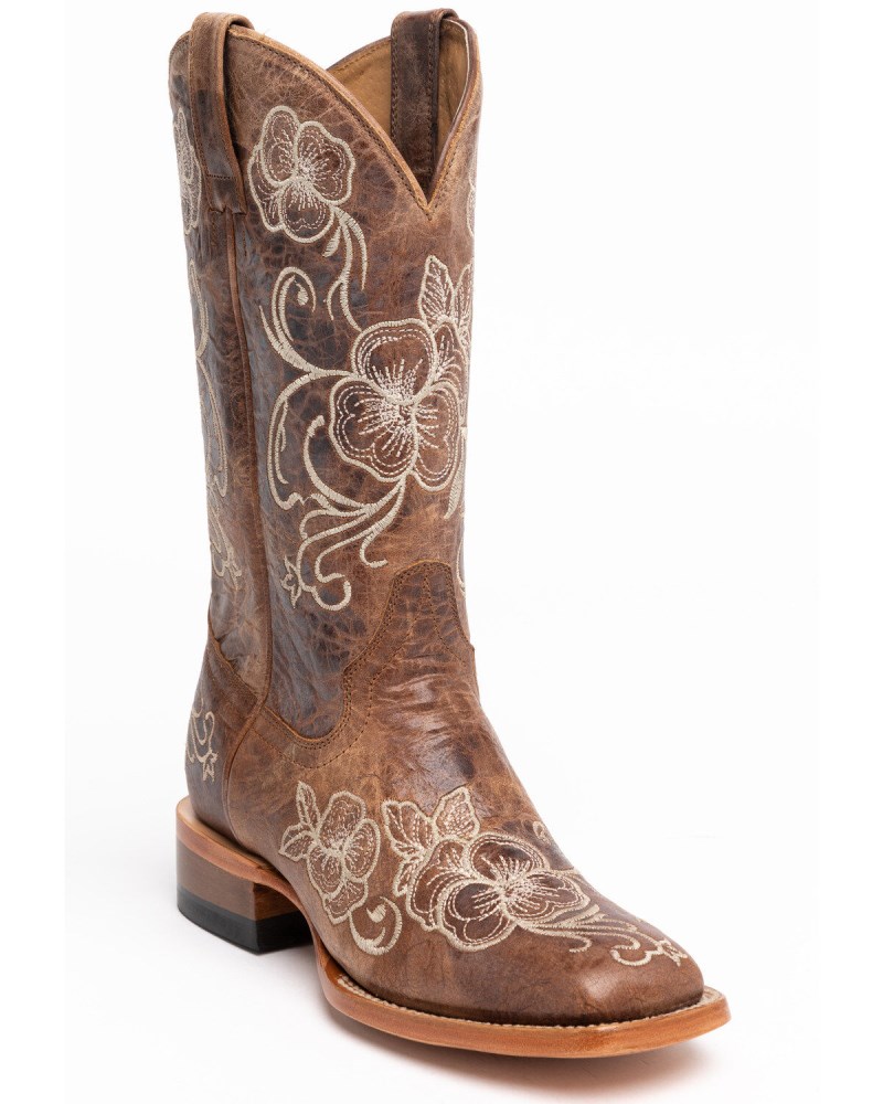 Shyanne Women's Lasy Floral Embroidered Western Boots - Broad Square Toe | Brown